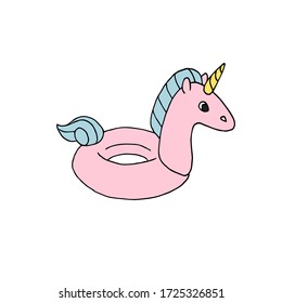 Vector hand drawn doodle sketch pink swimming unicorn float isolated on white background