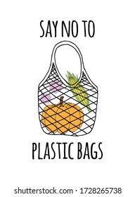 Vector hand drawn doodle sketch eco string bag with vegetables and say no to plastic bag lettering isolated on white background