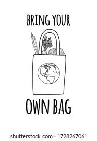 Vector hand drawn doodle sketch eco zero waste bag with products and bring your own bag lettering isolated on white background