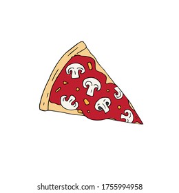 Vector hand drawn doodle sketch colored mushroom pizza slice isolated on white background