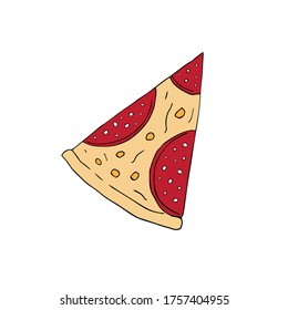 Vector hand drawn doodle sketch colored pepperoni pizza slice isolated on white background