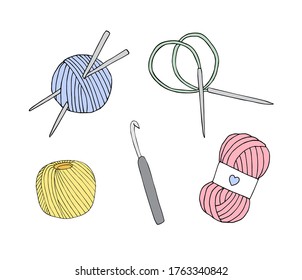 Vector hand drawn doodle sketch set bundle of colored knitting accessories threads and needles isolated on white background