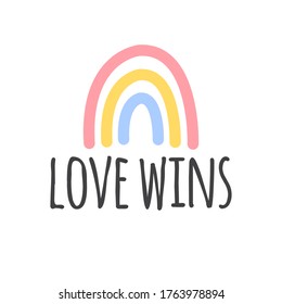 Vector hand drawn doodle sketch lgbt love wins lettering with rainbow isolated on white background