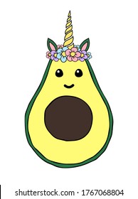 Vector hand drawn doodle sketch colored avocado with unicorn horn isolated on white background