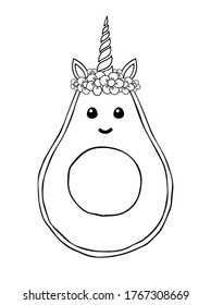 Vector hand drawn doodle sketch avocado with unicorn horn isolated on white background