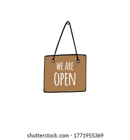 Vector hand drawn doodle sketch colored door nameplate with we are open text isolated on white background