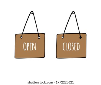 Dibujo de doodle dibujado a mano del vector placa de la puerta de color con texto abierto cerrado aislado en fondo blanco