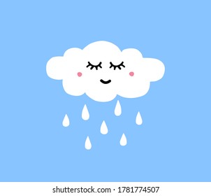 Vector hand drawn doodle sketch white raining cloud with face isolated on blue background