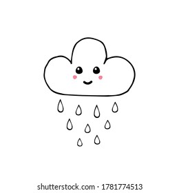 Vektorhandgezeichnet, doodle Skizze, Regenwolke mit kawaii-Gesicht einzeln auf weißem Hintergrund