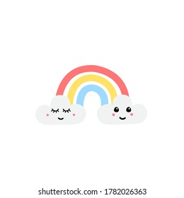 Vector hand drawn doodle sketch rainbow with kawaii face isolated on white background