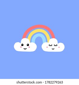 Vector hand drawn doodle sketch rainbow with face isolated on blue background