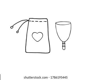 Vector hand drawn doodle sketch menstrual cup and bag isolated on white background
