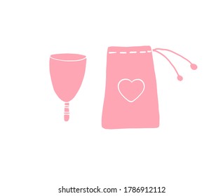 Vektor-handgezeichnete Doodle-Skizze, rosafarbene Menstruationstasse und -beutel einzeln auf weißem Hintergrund