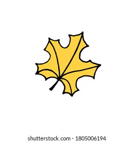 Vector hand drawn doodle sketch yellow colored maple leaf isolated on white background