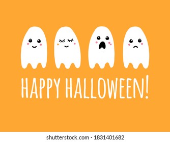 Vector hand drawn doodle sketch ghost and happy Halloween lettering isolated on orange background