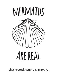 Vector hand drawn doodle sketch shell and mermaids are real lettering isolated on white background