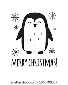 Esbozo de doodle dibujado a mano del vector pingüino y alegre escritura navideña aislado en fondo blanco