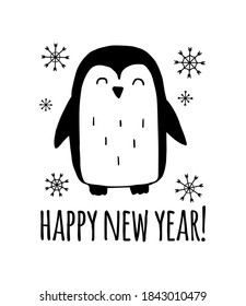 Vector hand drawn doodle sketch penguin and happy new year lettering isolated on white background