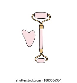 Vector hand drawn doodle sketch rose pink gua sha face massage roller isolated on white background