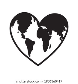 Vector hand drawn doodle sketch black Earth planet in heart shape isolated on white background