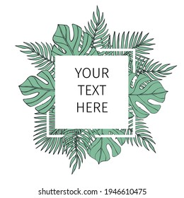 Vector hand drawn doodle sketch green colored palm leaves frame banner isolated on white background