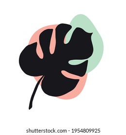 Vector hand drawn doodle sketch monstera leaf silhouette and colored abstract dot isolated on white background