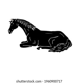 Vector hand drawn doodle sketch black laying horse isolated on white background