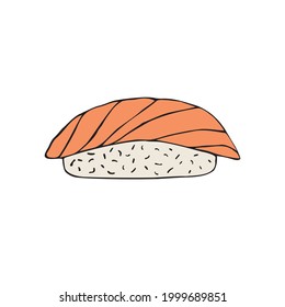 Vector hand drawn doodle sketch colored salmon sushi roll isolated on white background