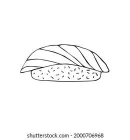 handgezeichnet gezeichnete Paddelskizze Lachs, Sushi-Rolle einzeln auf weißem Hintergrund