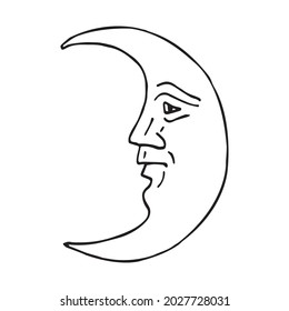 Vector hand drawn doodle sketch crescent boho antique astrological moon with face isolated on white background