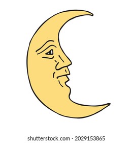 Vector hand drawn doodle sketch colored crescent boho antique astrological moon with face isolated on white background