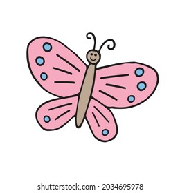 Esbozo de doodle dibujado a mano de vectores mosca de mantequilla de mariposa coloreada aislada en fondo blanco