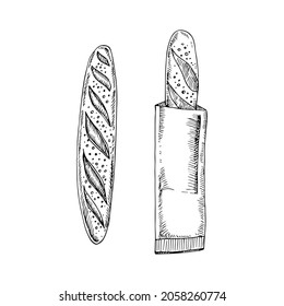 Pan de baguette de boceto dibujado a mano aislado en fondo blanco