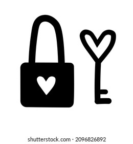 Vector hand drawn doodle sketch lock and key silhouette isolated on white background