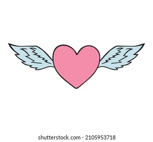 Vector hand drawn doodle sketch colored heart with wings isolated on white background