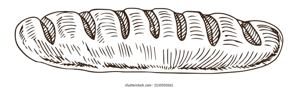 Pan de baguette de boceto dibujado a mano aislado en fondo blanco