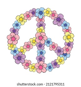 Dibujo del doodle dibujado a mano del vector símbolo de paz de color con flores aisladas en fondo blanco