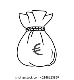 Vector hand drawn doodle sketch of a textile sack bag in monochrome black and white style with money cash icon. 
