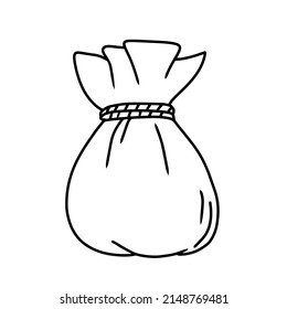 Vector hand drawn doodle sketch of a textile sack bag in monochrome black and white style with money cash icon. 