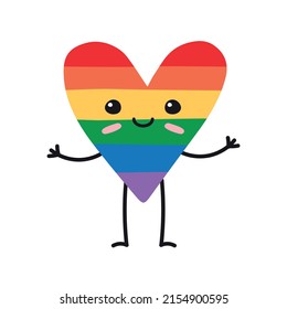 Vector hand drawn doodle sketch lgbtq rainbow flag heart with face isolated on white background