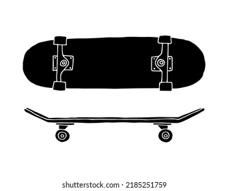 Esbozo de doodle dibujado a mano del vector skateboard negro aislado en fondo blanco