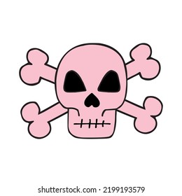 Vector hand drawn doodle sketch pink skull with crossed bones isolated on white background