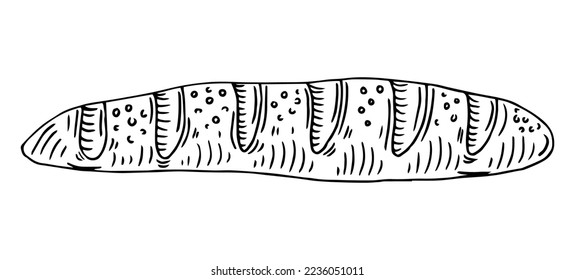 Pan de baguette de boceto dibujado a mano aislado en fondo blanco