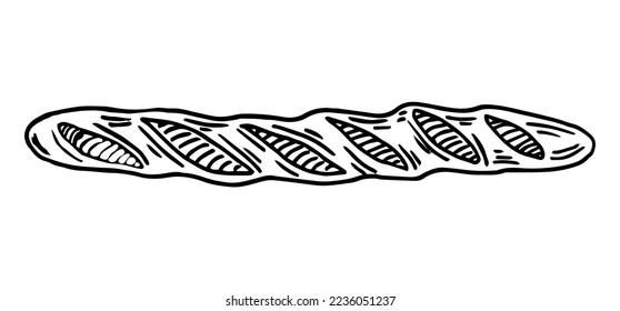 Pan de baguette de boceto dibujado a mano aislado en fondo blanco
