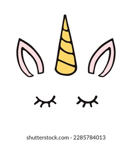 Esbozo de doodle dibujado a mano de vectores cara de unicornio aislado en fondo blanco
