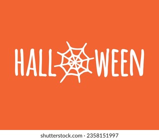 Vector hand drawn doodle sketch halloween lettering with spider web isolated on orange background