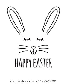 Vector hand drawn doodle sketch bunny rabbit face with happy Easter text isolated on white background