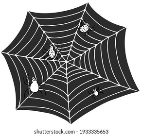 Vector hand drawn doodle spiderweb isolated on white background. Four spiders