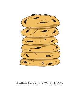 Pilha de biscoitos desenhada à mão do vetor. Biscoitos de gengibre isolados sobre fundo branco. Ilustração desenhada à mão. Dia Nacional do Biscoito de Chip de Chocolate.