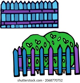 Vector hand drawn doodle street objects, blue banister, green bushes, vector templet 